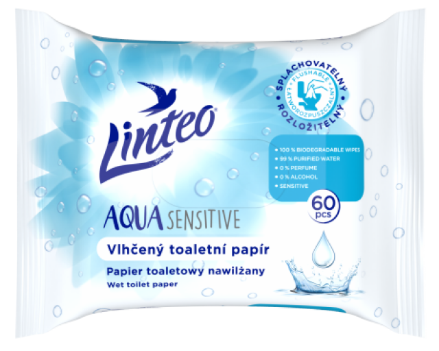 Toaletný vlhčený papier Linteo, 60ks, Aqua Sensitive, modré _1