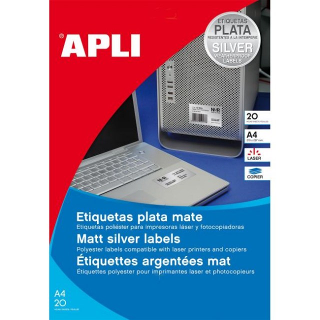 Etikety polyesterové 63,5x29,6mm APLI A4 20 hárkov strieborné_1