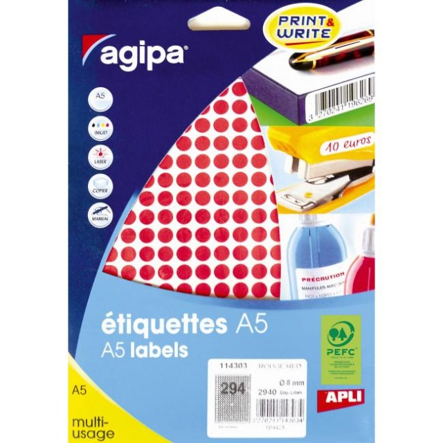 Etikety kruhové 8mm Agipa A5 červené_1