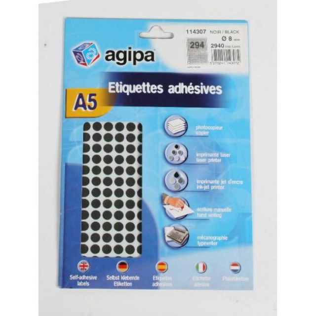 Etikety kruhové 8mm Agipa A5 čierne_1