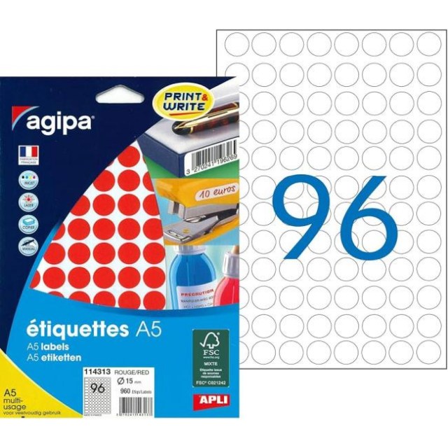 Etikety kruhové 15mm Agipa A5 červené_1