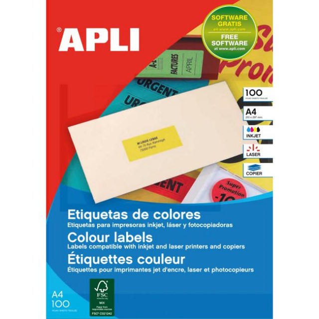 Etikety farebné 70x31mm APLI A4 100 hárkov žlté_1