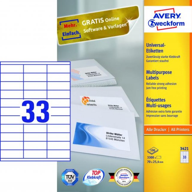 Etikety univerzálne 70x25,4mm Avery A4 100 hárkov_1