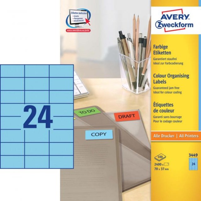Etikety farebné 70x37mm Avery A4 100 hárkov modré_1
