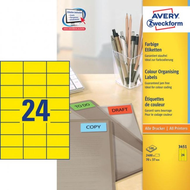 Etikety farebné 70x37mm Avery A4 100 hárkov žlté_1