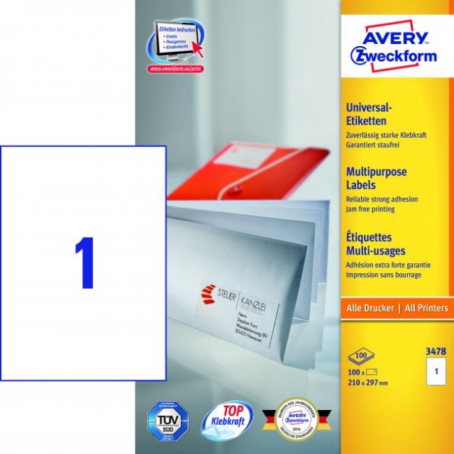 Etikety univerzálne 210x297mm Avery A4 100 hárkov_1