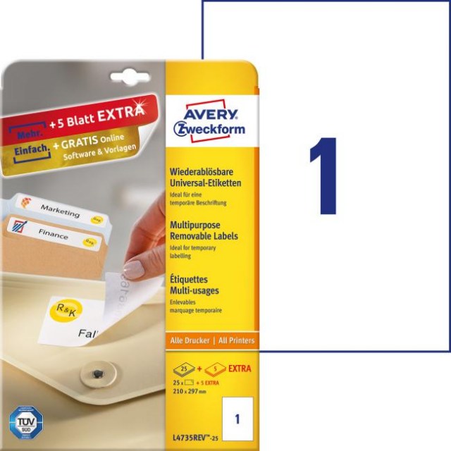 Etikety univerzálne odnímateľné 210x297mm Avery A4 25+5 hárkov_1