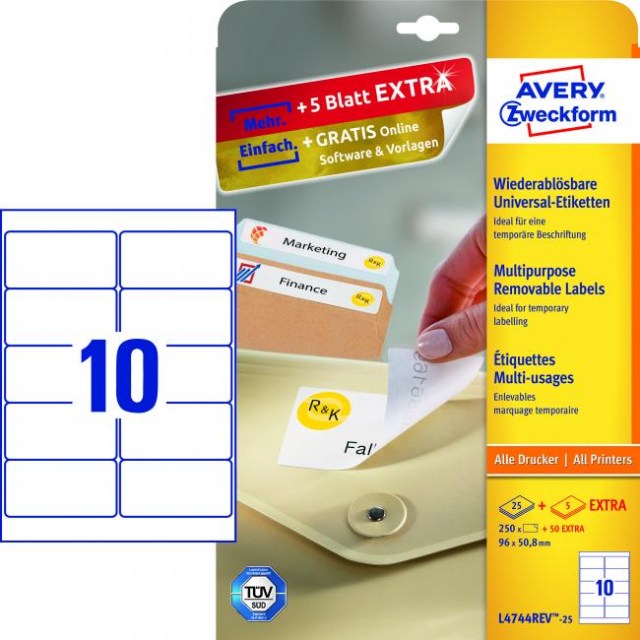 Etikety univerzálne odnímateľné 96x50,8mm Avery A4 25+5 hárkov_1