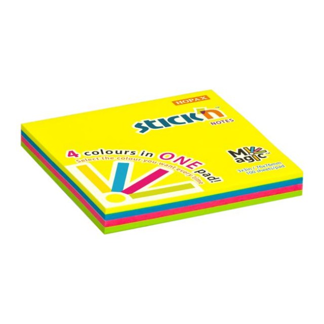 Samolepiaci bloček 76x76mm MAGIC 4 neónové farby 100 lístkov_1