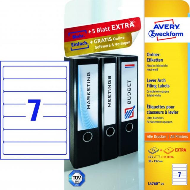 Etikety univerzálne na zakladače 38x192mm Avery A4 25+5 hárkov_1