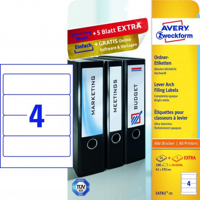 Etikety univerzálne na zakladače 61x192mm Avery A4 25+5 hárkov_1