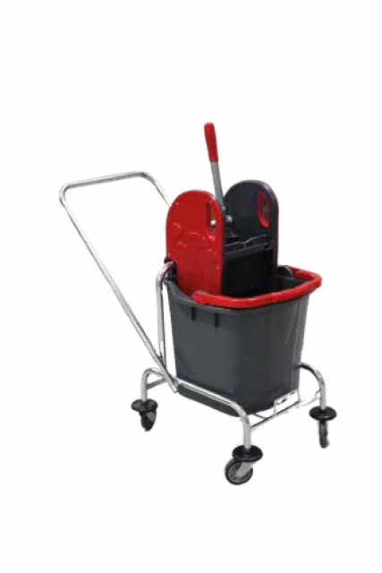 Upratovací vozík 1x25L vedro, CHROM. KONŠTRUKCIA, Plastový žmýkací lis, červeno/modro-šedý