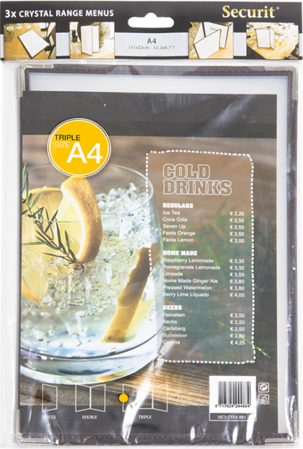 Jedálny lístok s priehľadnými doskami, A4, trojitý  (6 strán), sada 3 kusov, farba okrajov