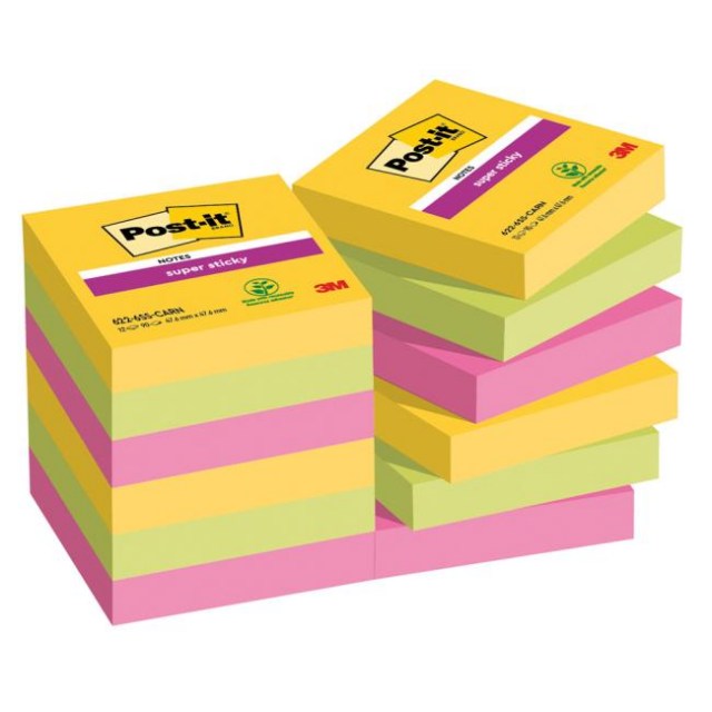 Bloček Post-it Super Sticky CARNIVAL, veľkosť 47,6 x 47,6 mm, 12 bločkov po 90 lístkov_1