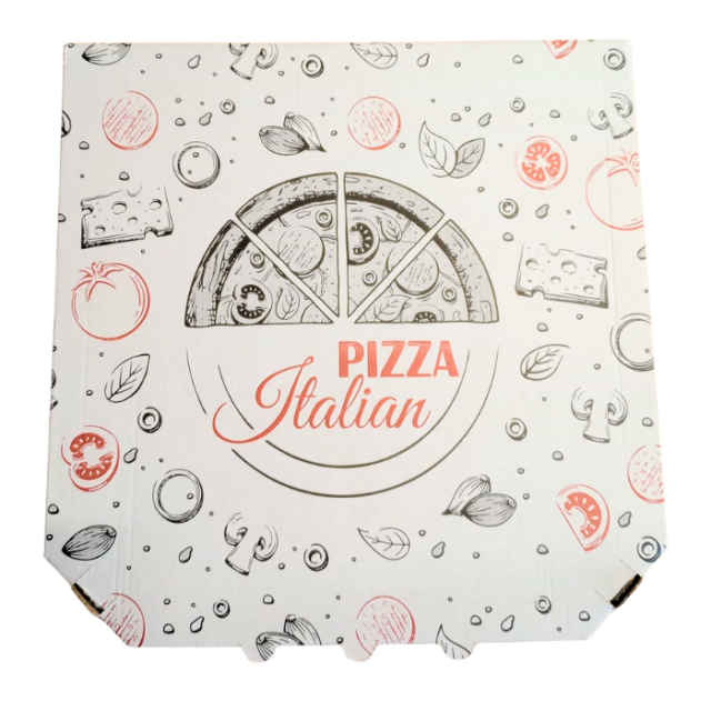 Krabica na pizzu z vlnitej lepenky 33 x 33 x 3 cm [100 ks] RETRO, biela, farebná tlač_1