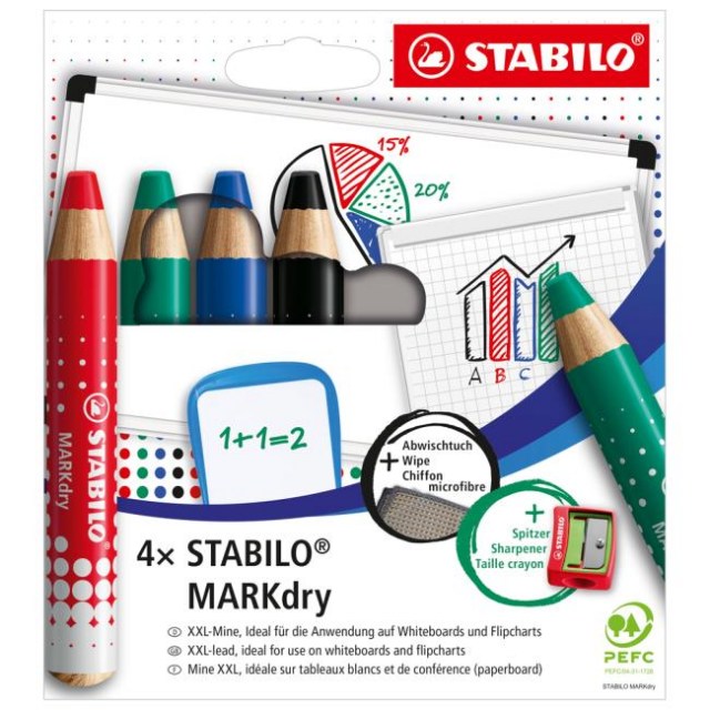 Sada STABILO MARKdry na tabuľu a flipchart 4f so strúhadlom a utierkou_1