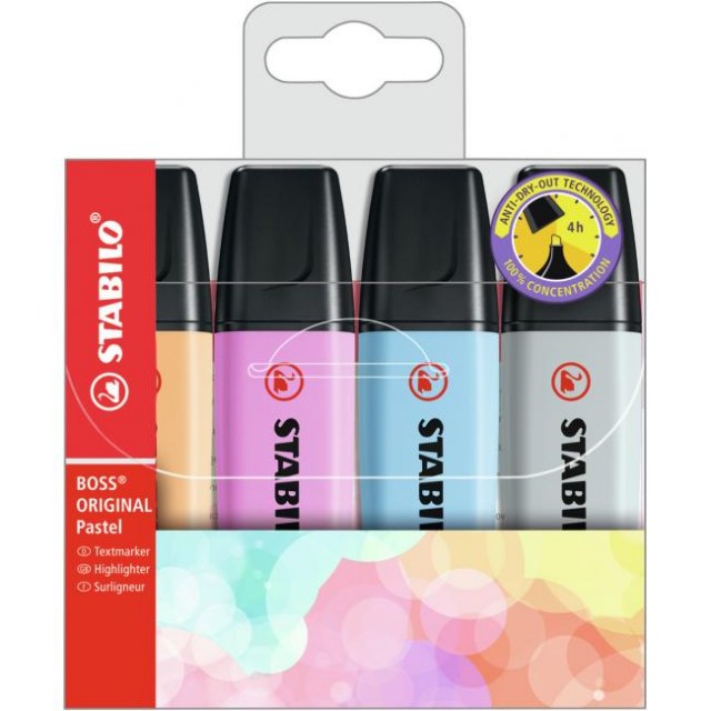 Sada zvýrazňovačov STABILO BOSS ORIGINAL Pastel 4S Pastelová oranžová, svieža modrá, fuchs