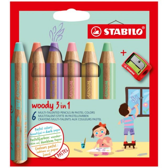 Farbičky STABILO woody 3 in 1 Pastel 6 ks Sada v kartónovom obale so strúhadlom_1