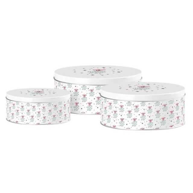 Dóza plechová 3ks set 200x90/185x80/140x65 mm guľatá MISTLETOE MAGIC, biela, modrá_1