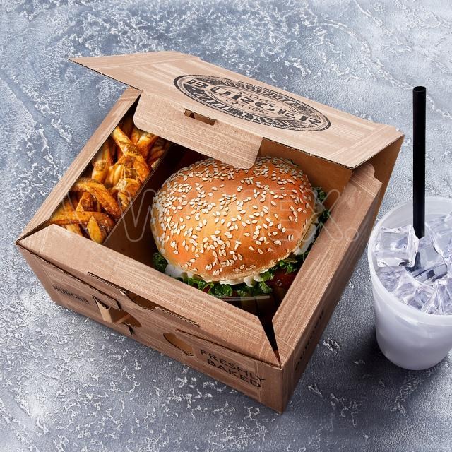 Burger box (mikrovlnitá lepenka) 2dielny kraft s potlačou 210 x 160 x 100 mm [100 ks]_2